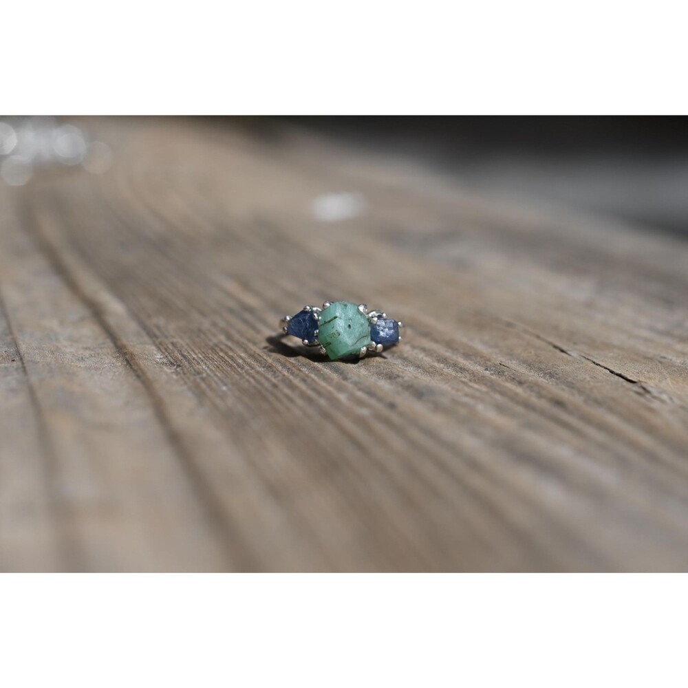 Engagement ring Emerald and Burmese Sapphire Unique Raw Bohemian Jewelry Size 5